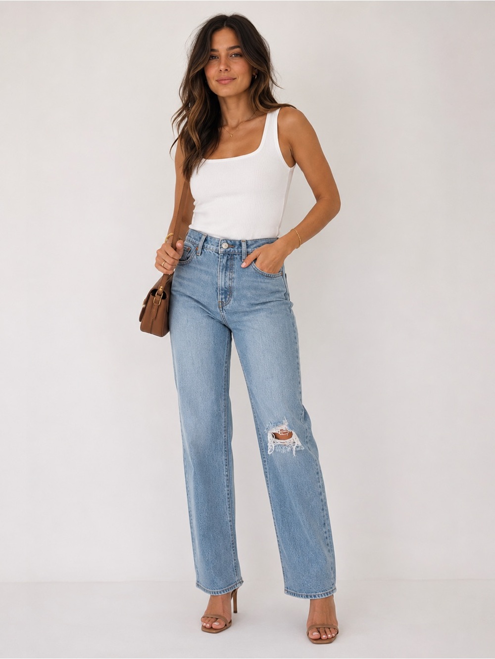 Levi's Wedgie Straight Leg Jeans with Knee Distress - Light Blue Wash